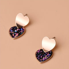 Double Heart Sequins Dangle Earrings 14K Plated Jewelry
