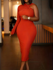  Solid Twist One Shoulder Bodycon Midi Dress