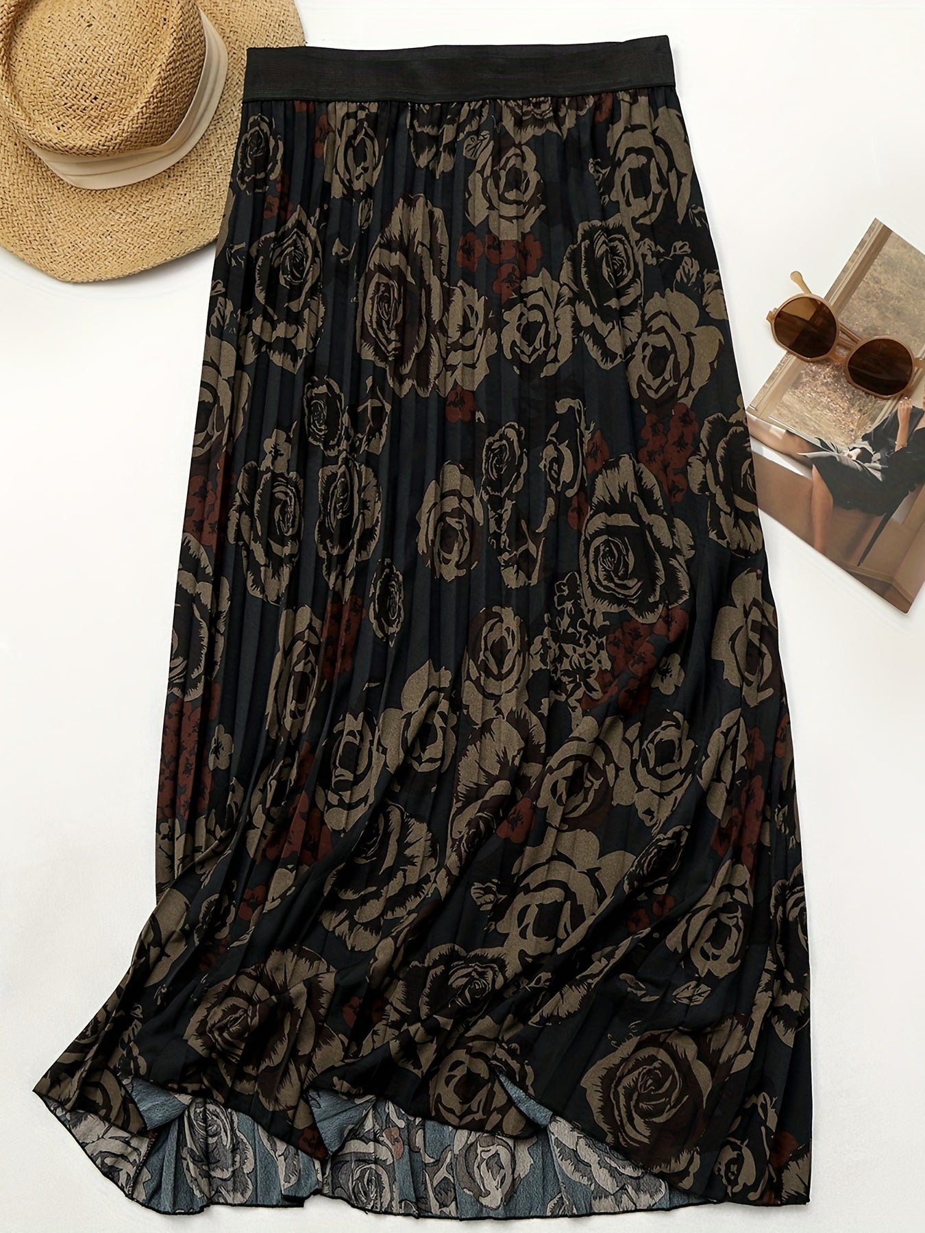  Rose Print Pleated Skirt