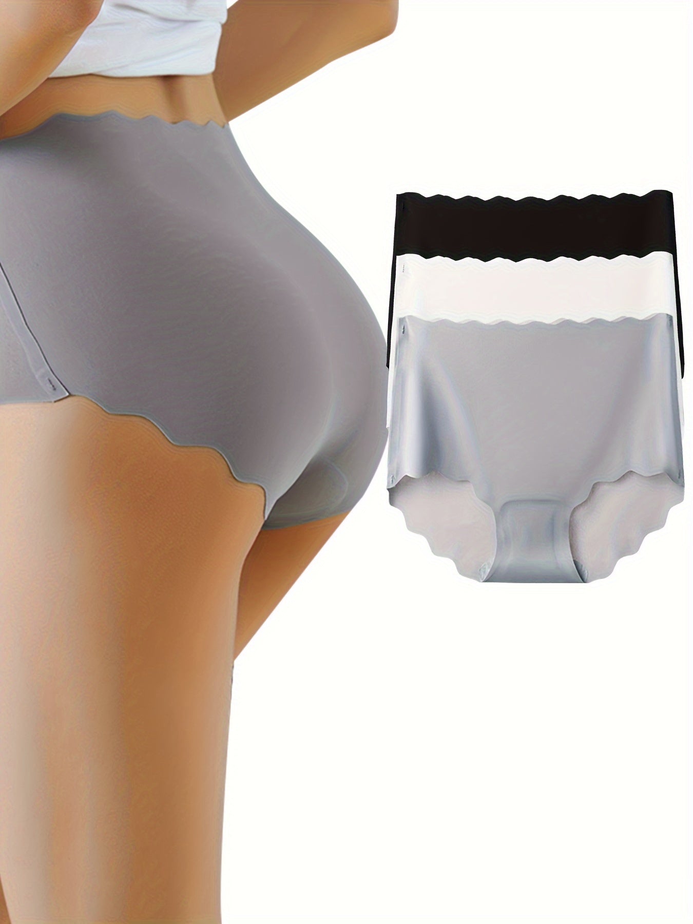 3pcs Scallop Trim Briefs Comfy & Breathable Stretchy Panties