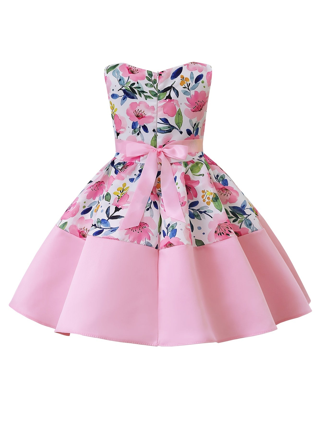 Girls Elegant Floral Print Sleeveless Dress with Bow