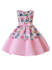 Girls Elegant Floral Print Sleeveless Dress with Bow