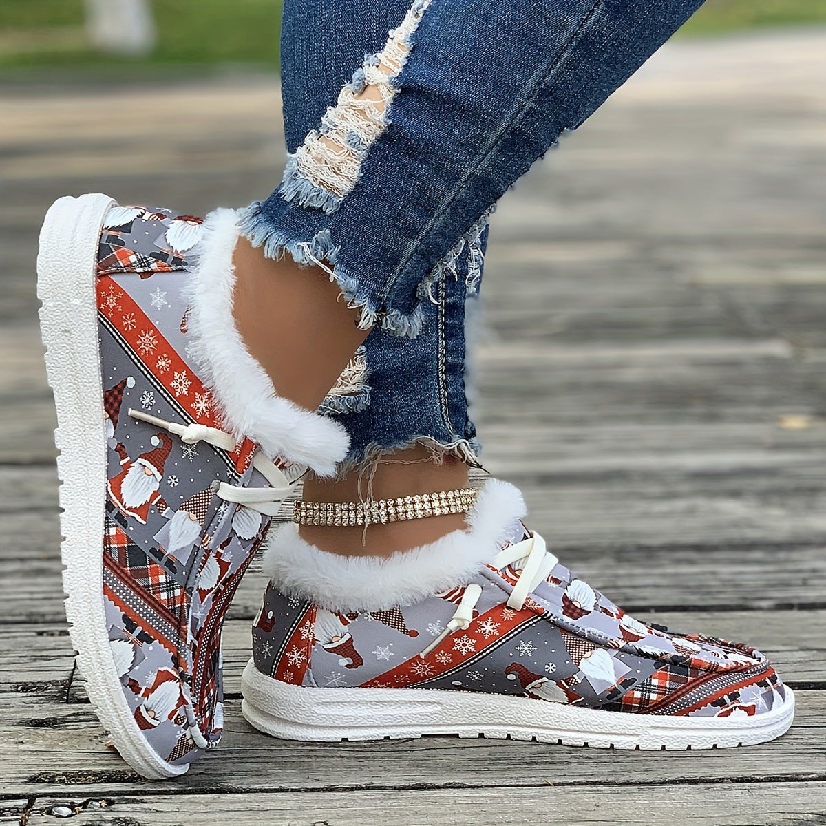 Women's Christmas Santa Print Snow Boots Winter Lace up Flats