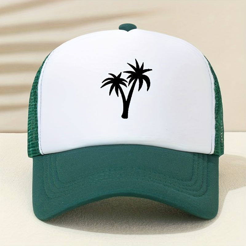 Coconut Tree Print Trucker Hat Mesh Block Baseball Cap Lightweight