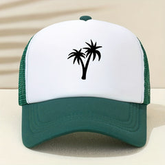 Coconut Tree Print Trucker Hat Mesh Block Baseball Cap Lightweight