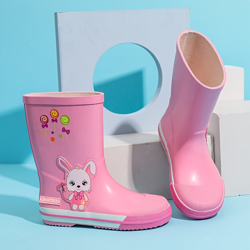 Girl's Cartoon Decorated Rain Boots Slip On Waterproof Outdoor Shoes