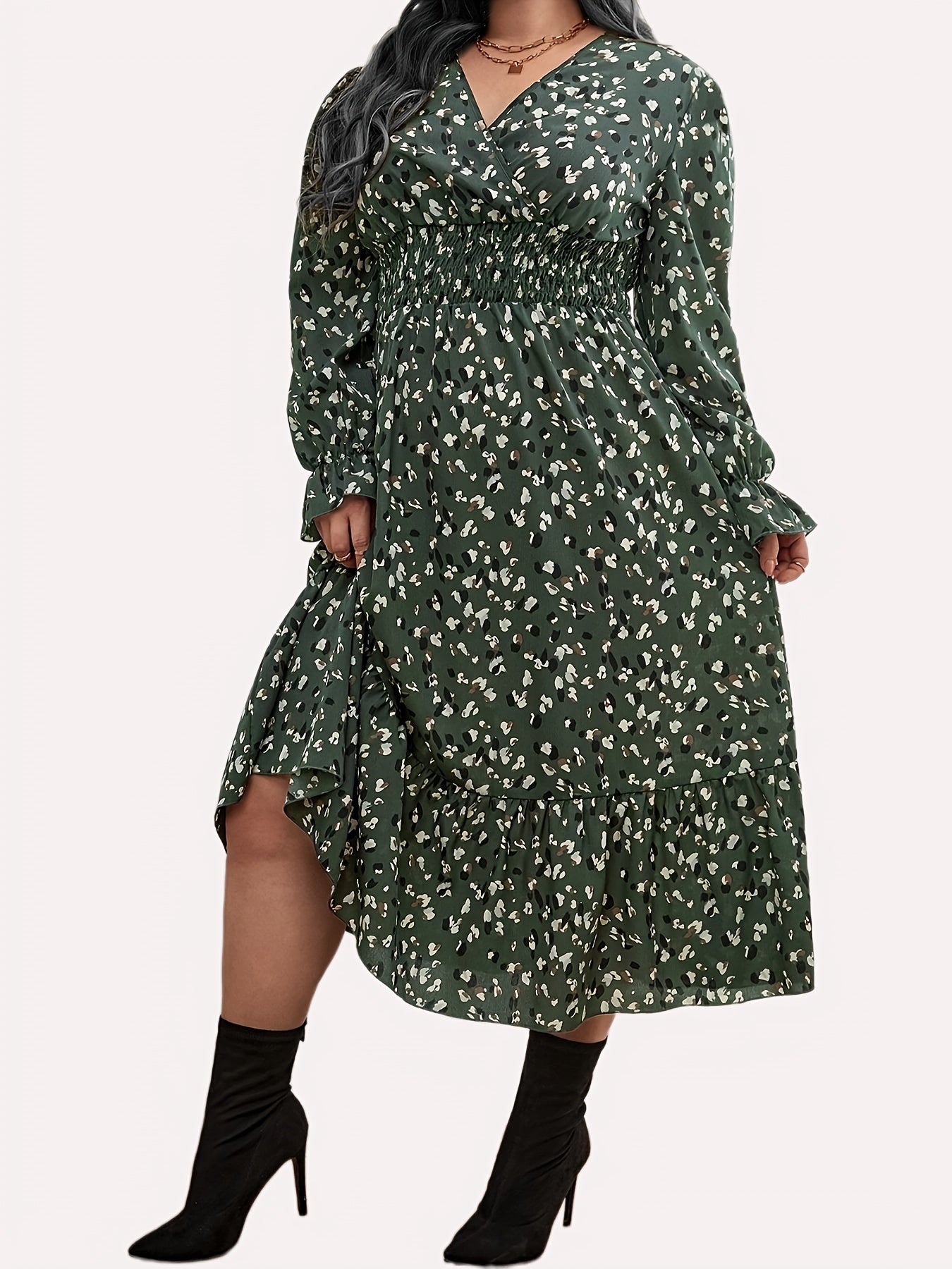  Casual Dress Women's Plus Ditsy Print Lantern Sleeve Dress