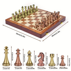 Wooden Chess Set with Metal Pieces in Foldable Box