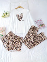 Heart Print Lounge Set Long Sleeve Crew Neck Top & Leopard Shorts