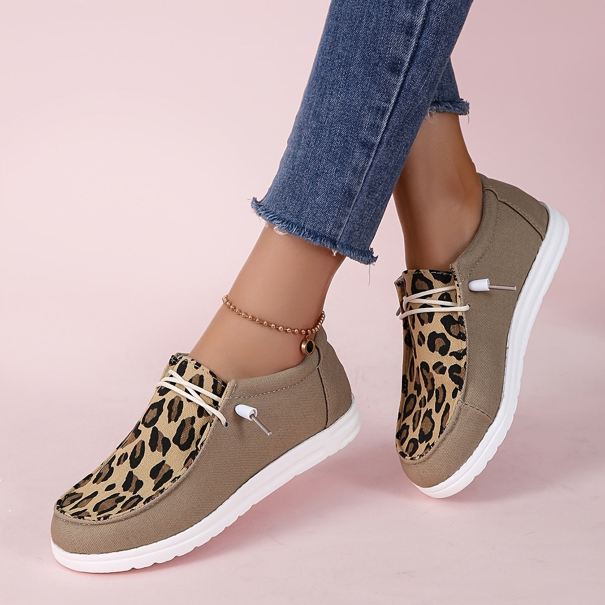 Leopard Print Loafers Lace Up Flat Canvas Shoes Lightweight