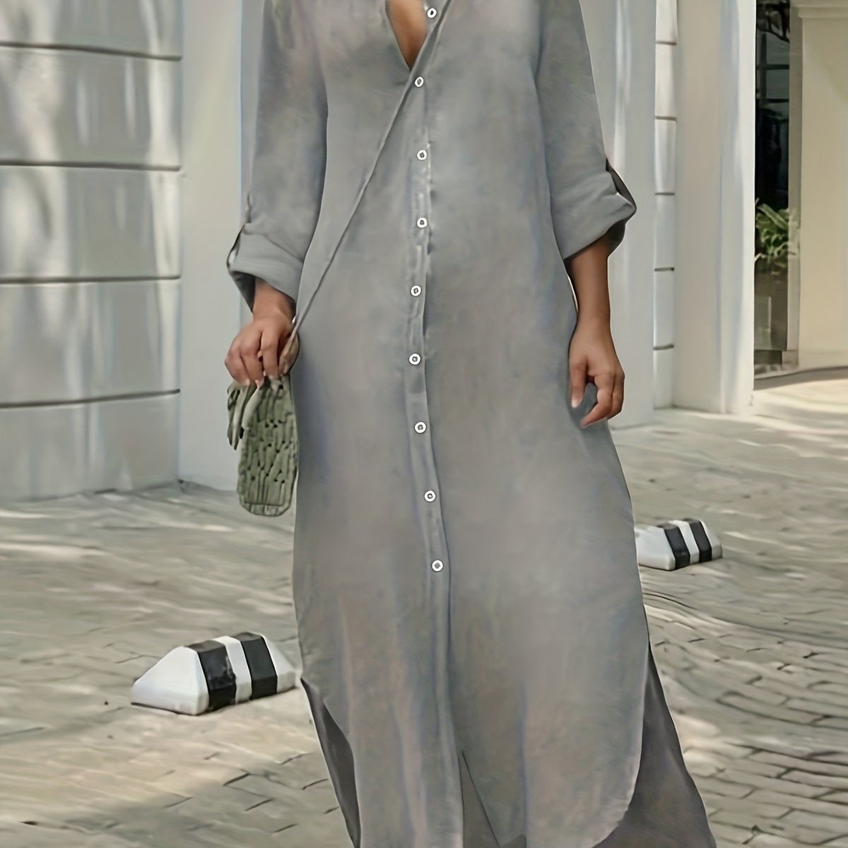  Solid Long Sleeve Maxi Shirt Dress