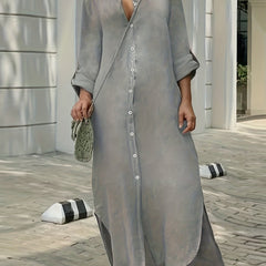  Solid Long Sleeve Maxi Shirt Dress