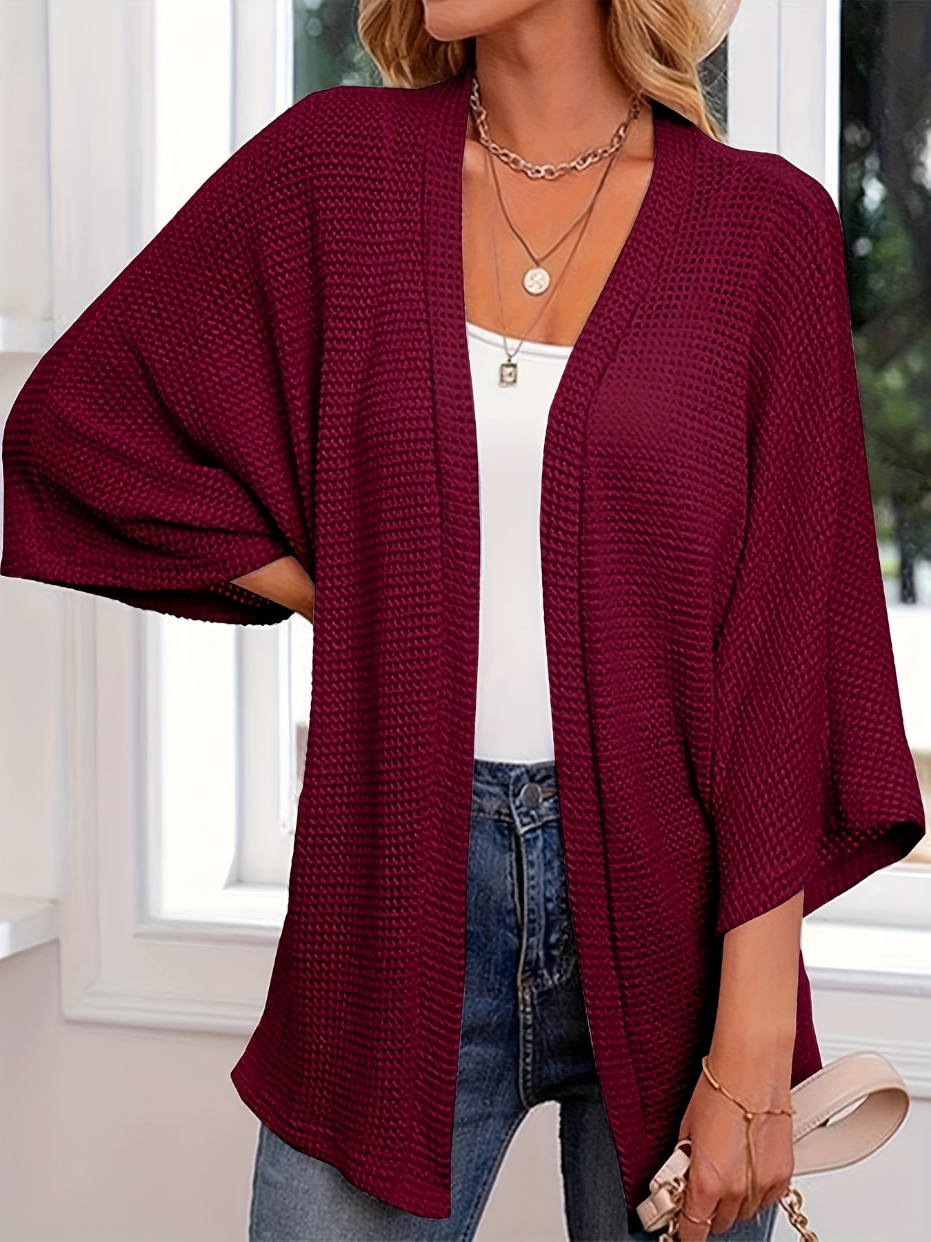  Casual Cardigan Women's Plus Solid Waffle Knit Open Front Cardigan