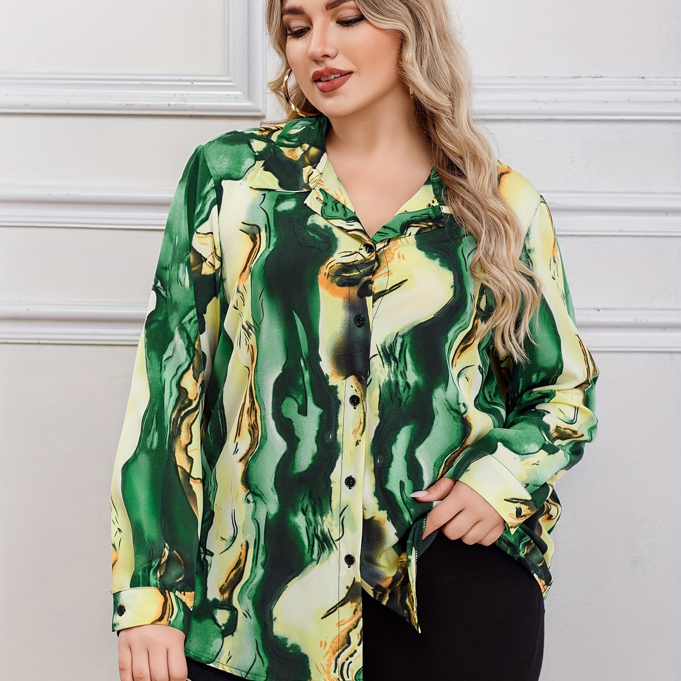 Women's Plus Marble Print Button Up Shirt Top
