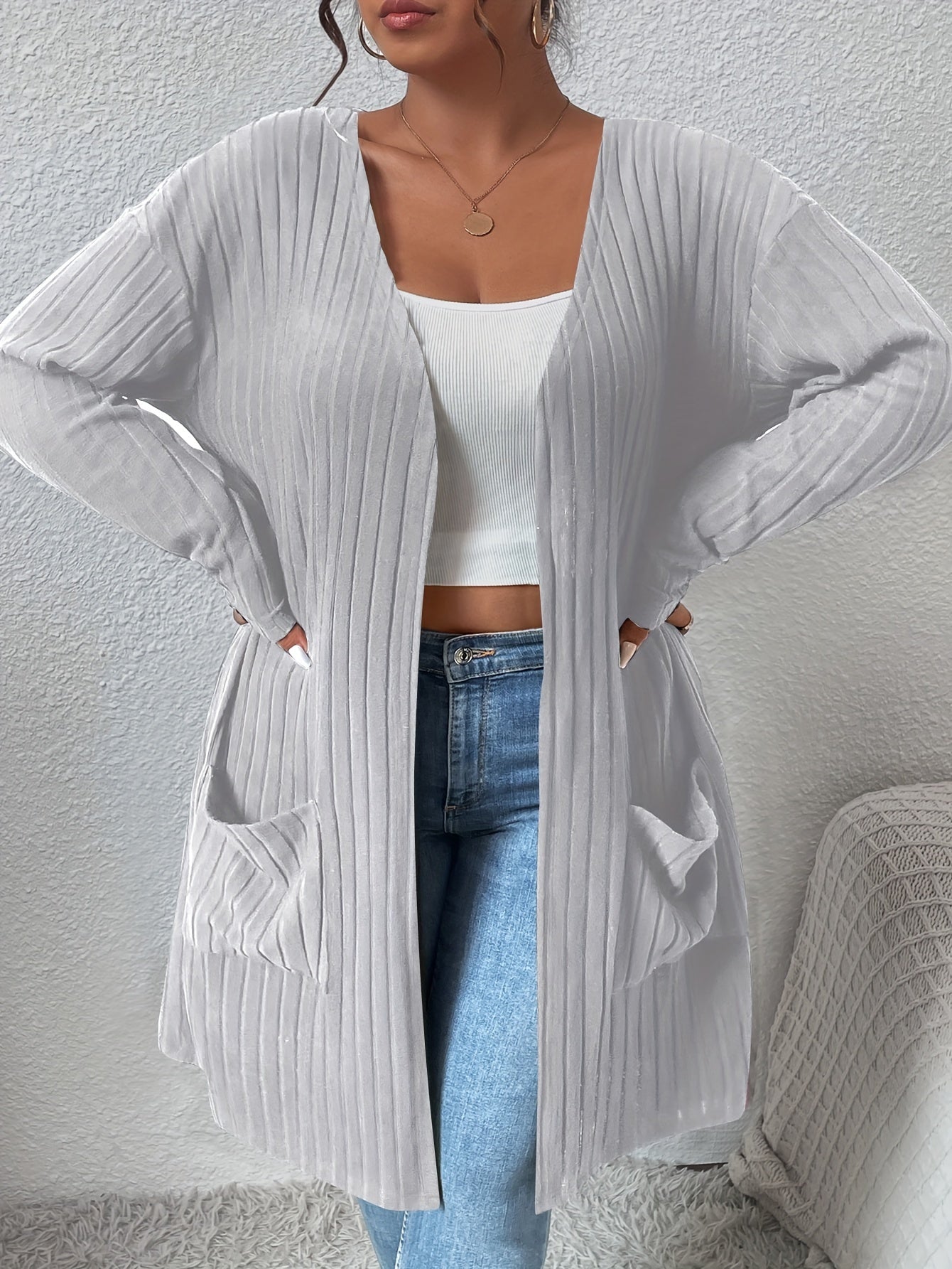  Solid Ribbed Open Front Cardigan With Pockets