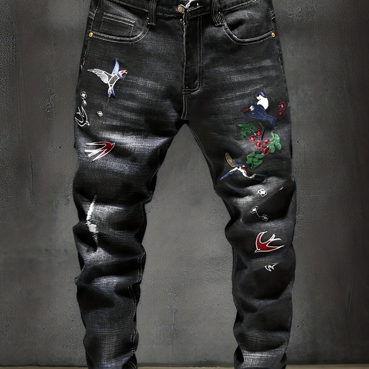 Men's Embroidered Denim Jeans Slim Straight Stretch Pants