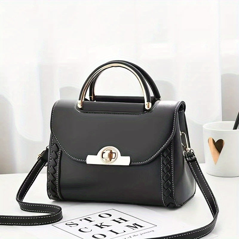 Top Handle Shoulder Bag Turn Lock PU Leather Handbag