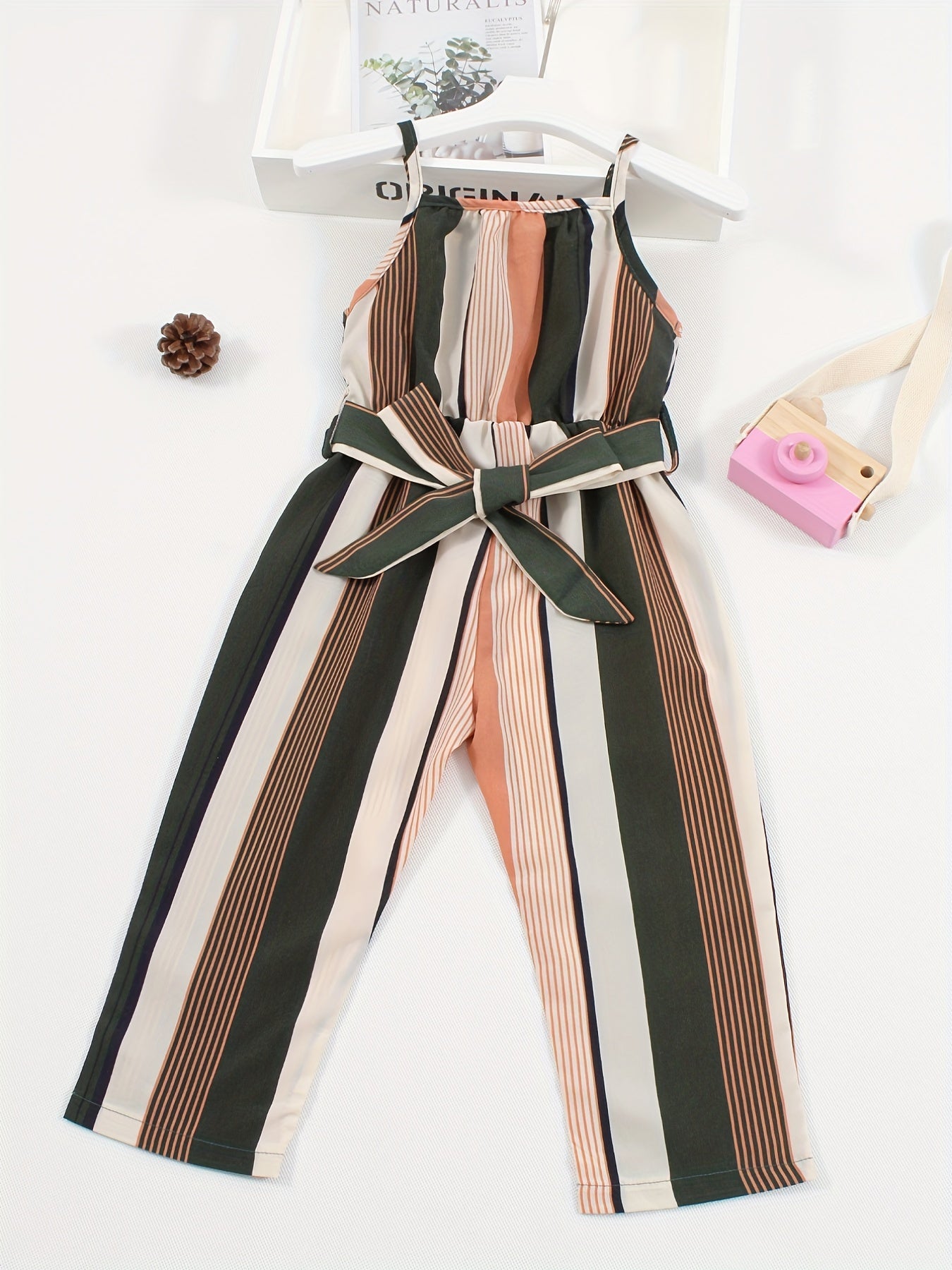 Striped Belted Cami Rompers For Girls