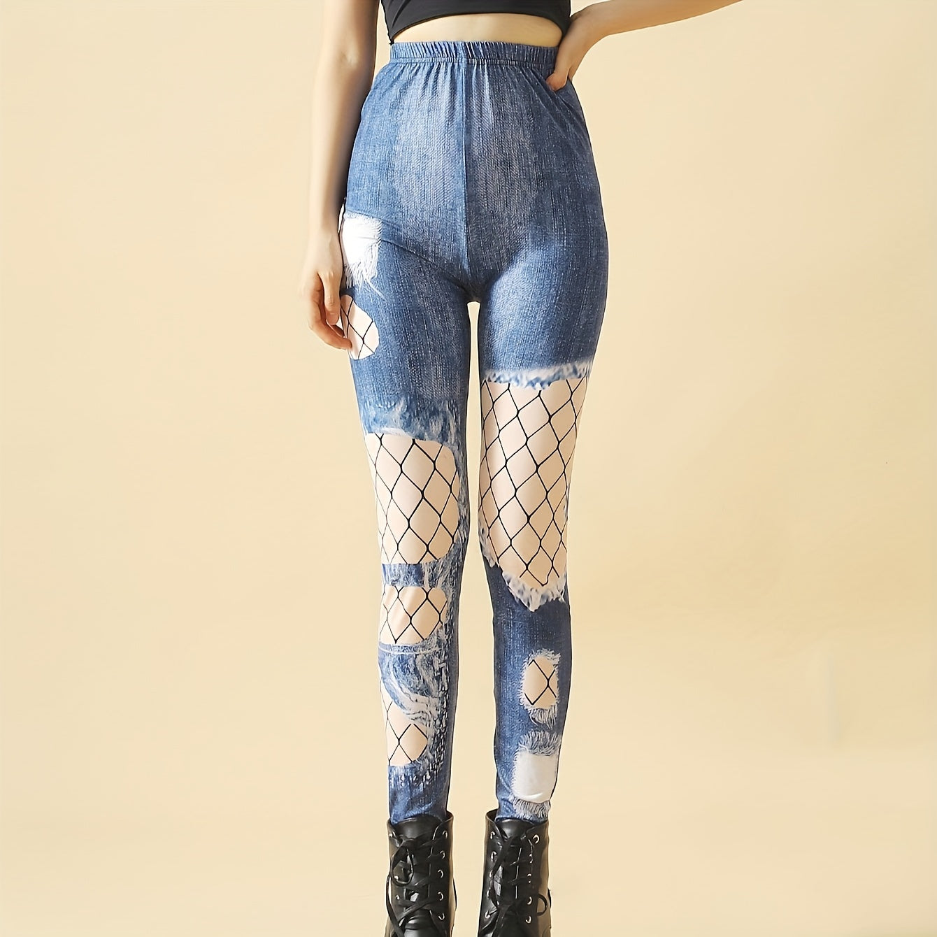 Fishnet Print Tights Opaque High Waist Leggings Women's Stockings