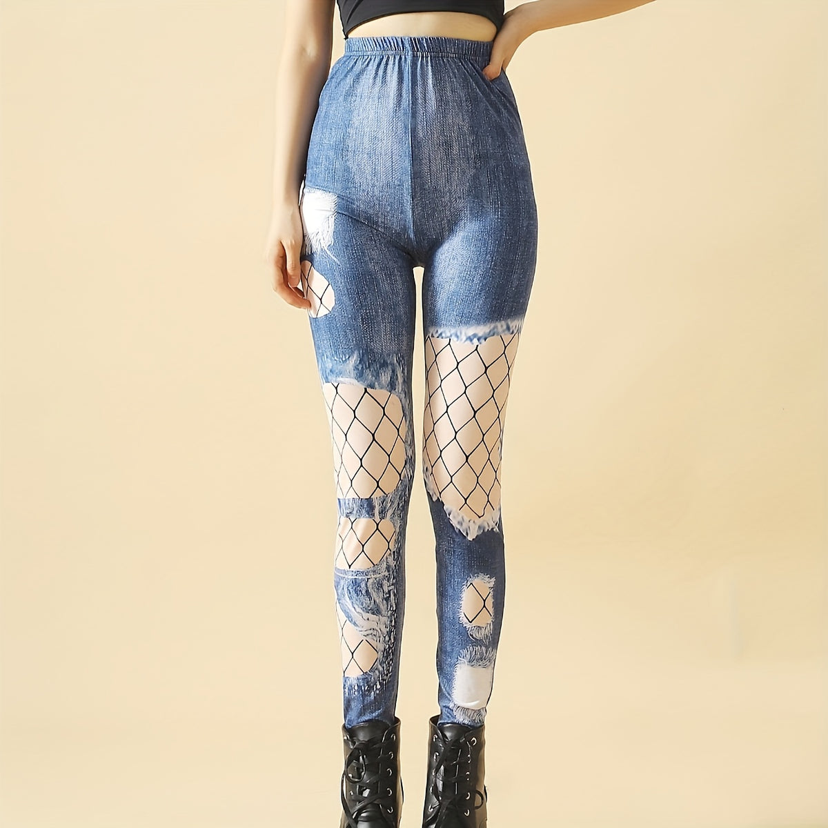 Fishnet Print Tights Opaque High Waist Leggings Women's Stockings