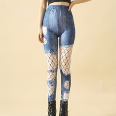 Fishnet Print Tights Opaque High Waist Leggings Women's Stockings