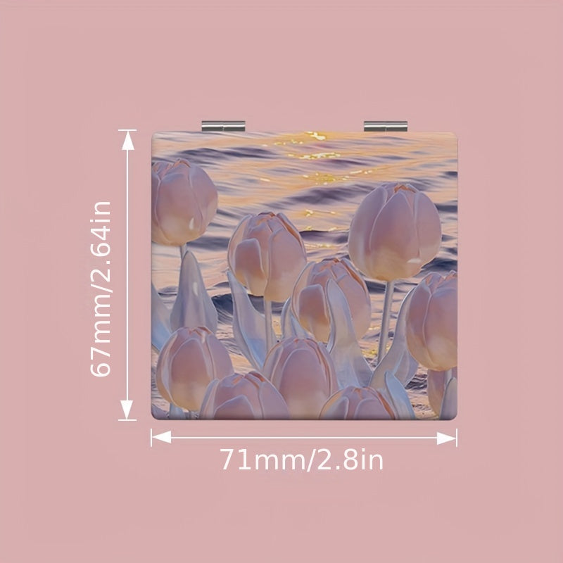 Tulip Pattern Compact Pocket Mirror Ideal for Traveling and Home Use