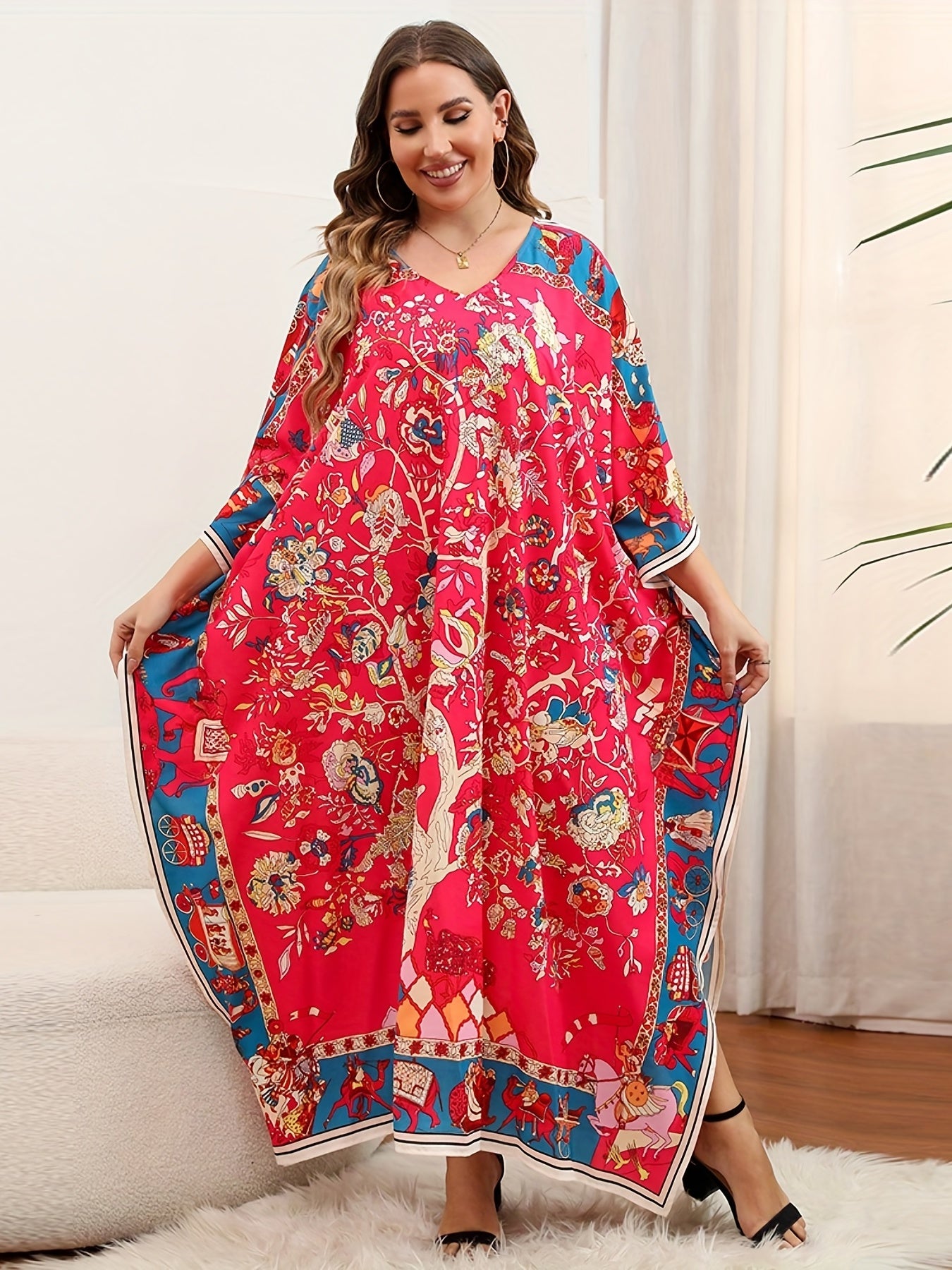  Boho Cover Up Dress Women's Plus Floral Print Bat Sleeve V Neck