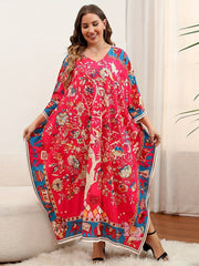  Boho Cover Up Dress Women's Plus Floral Print Bat Sleeve V Neck