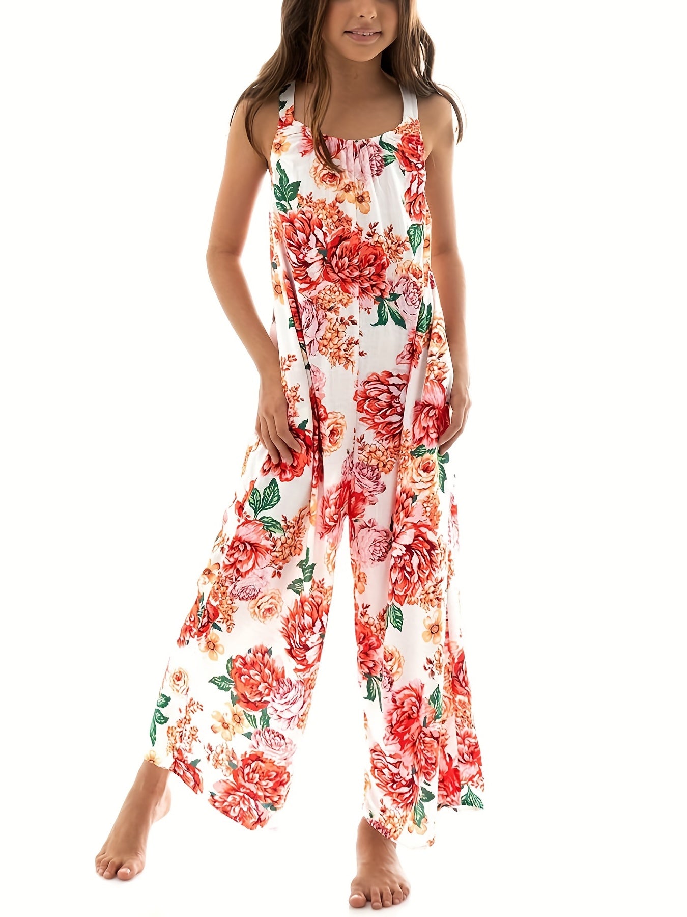 Girls Boho Floral Maxi Backless Jumpsuit Teen Wide Leg Rompers