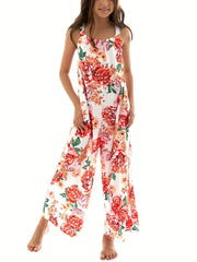 Girls Boho Floral Maxi Backless Jumpsuit Teen Wide Leg Rompers