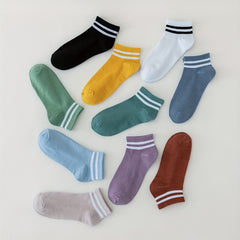 10 Pairs Striped Trim Crew Socks Lightweight Stockings for Women