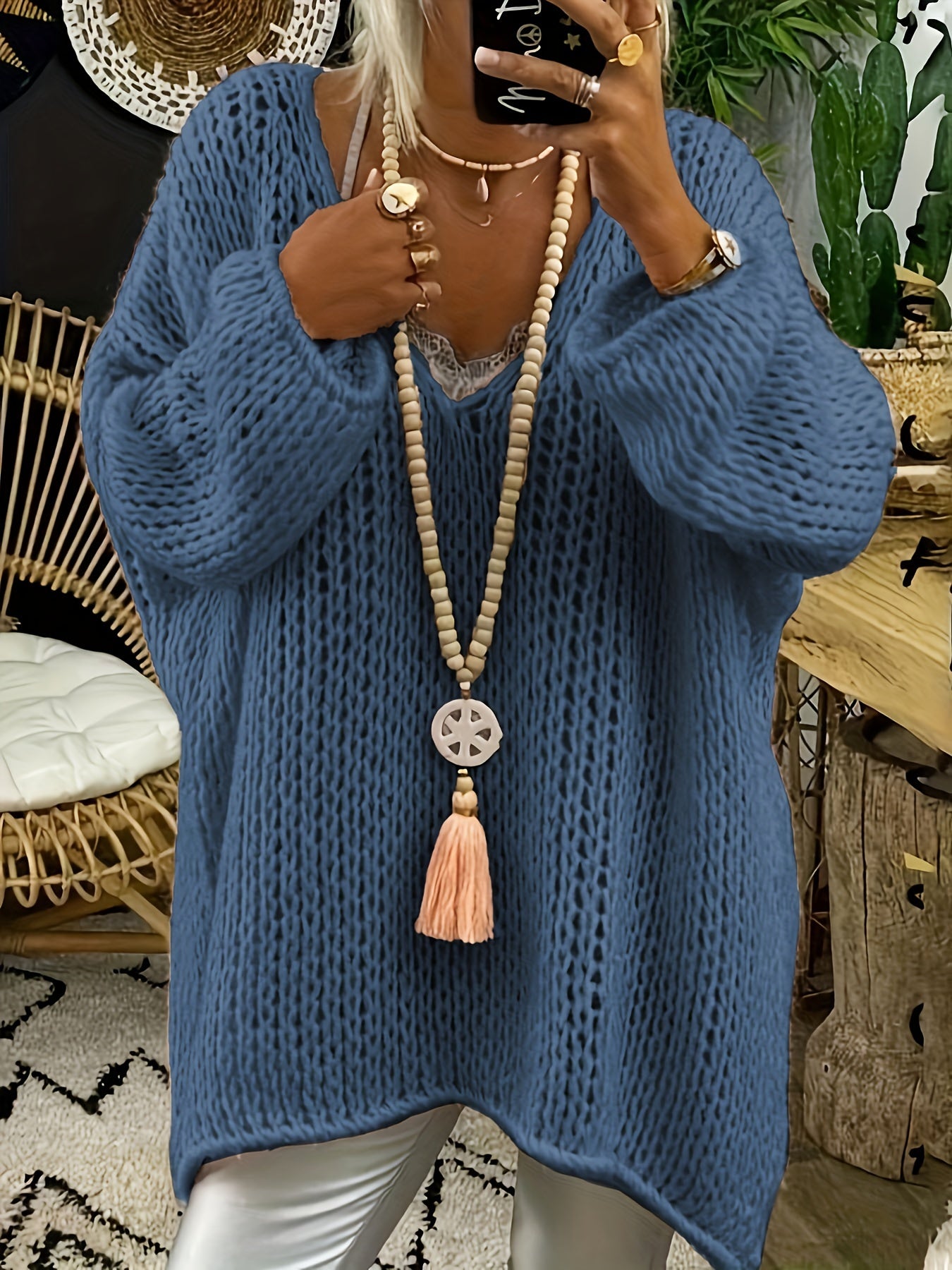  Solid Long Sleeve V Neck Oversized Jumper
