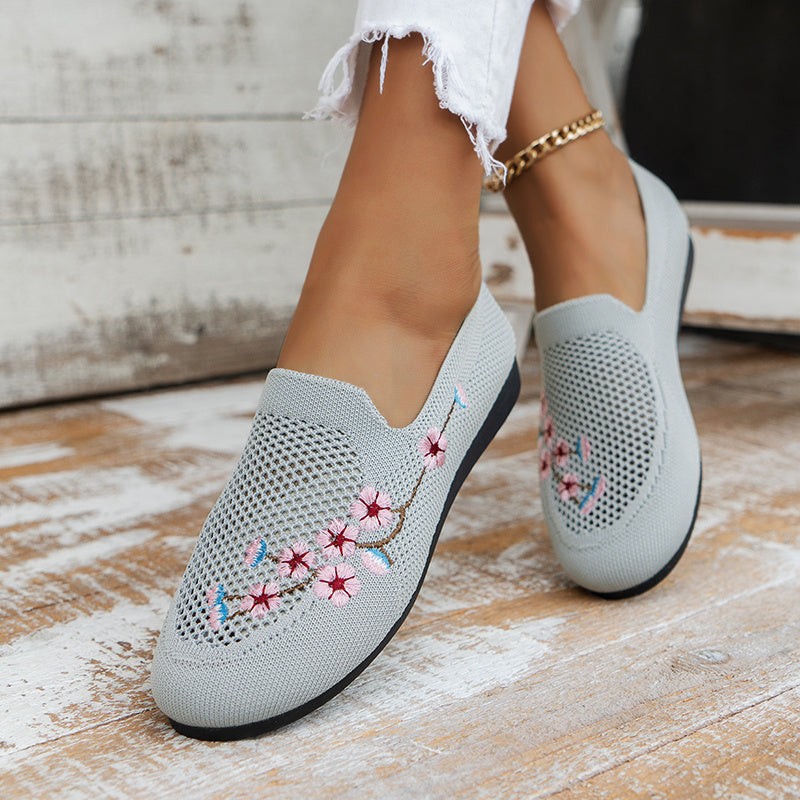 Women's Floral Embroidered Mesh Flat Shoes Lightweight Casual Footwear