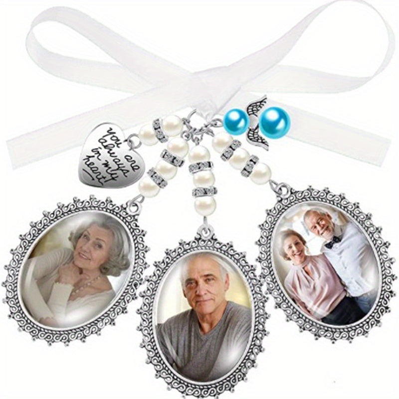 Alloy Photo Frame Pendant Silvery Frame Faux Pearl Rhinestone Satin Bowknot