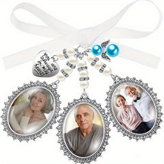 Alloy Photo Frame Pendant Silvery Frame Faux Pearl Rhinestone Satin Bowknot