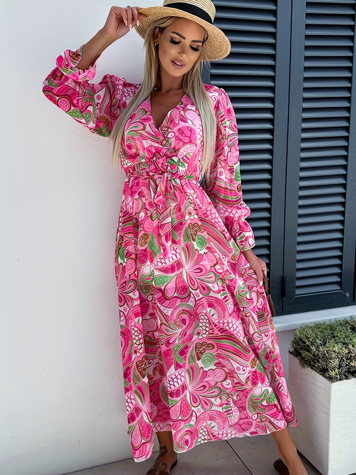  Allover Print Flounce Sleeve Maxi Dress
