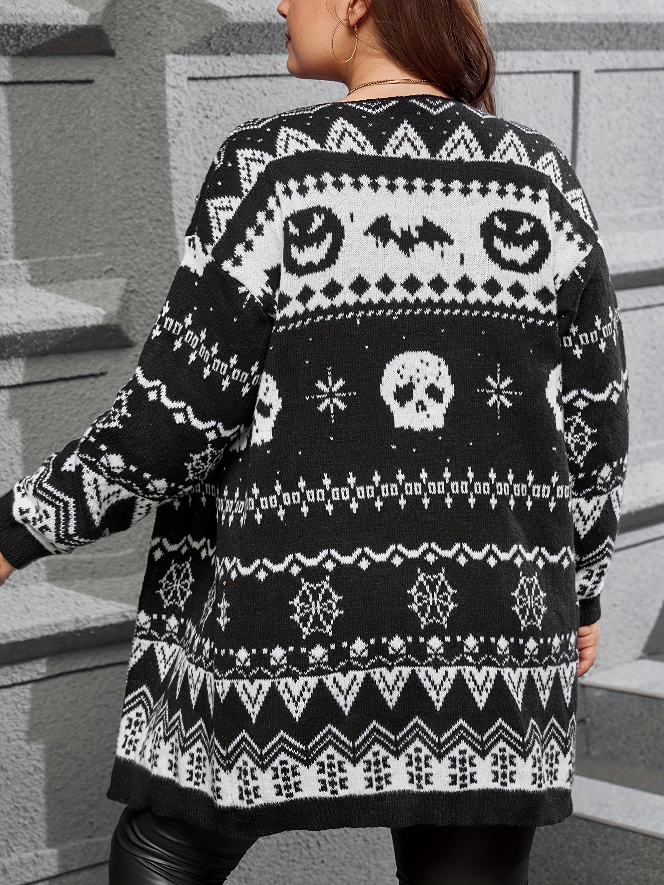  Halloween Retro Cardigan Women's Plus Skull & Bat Patterned Sweater