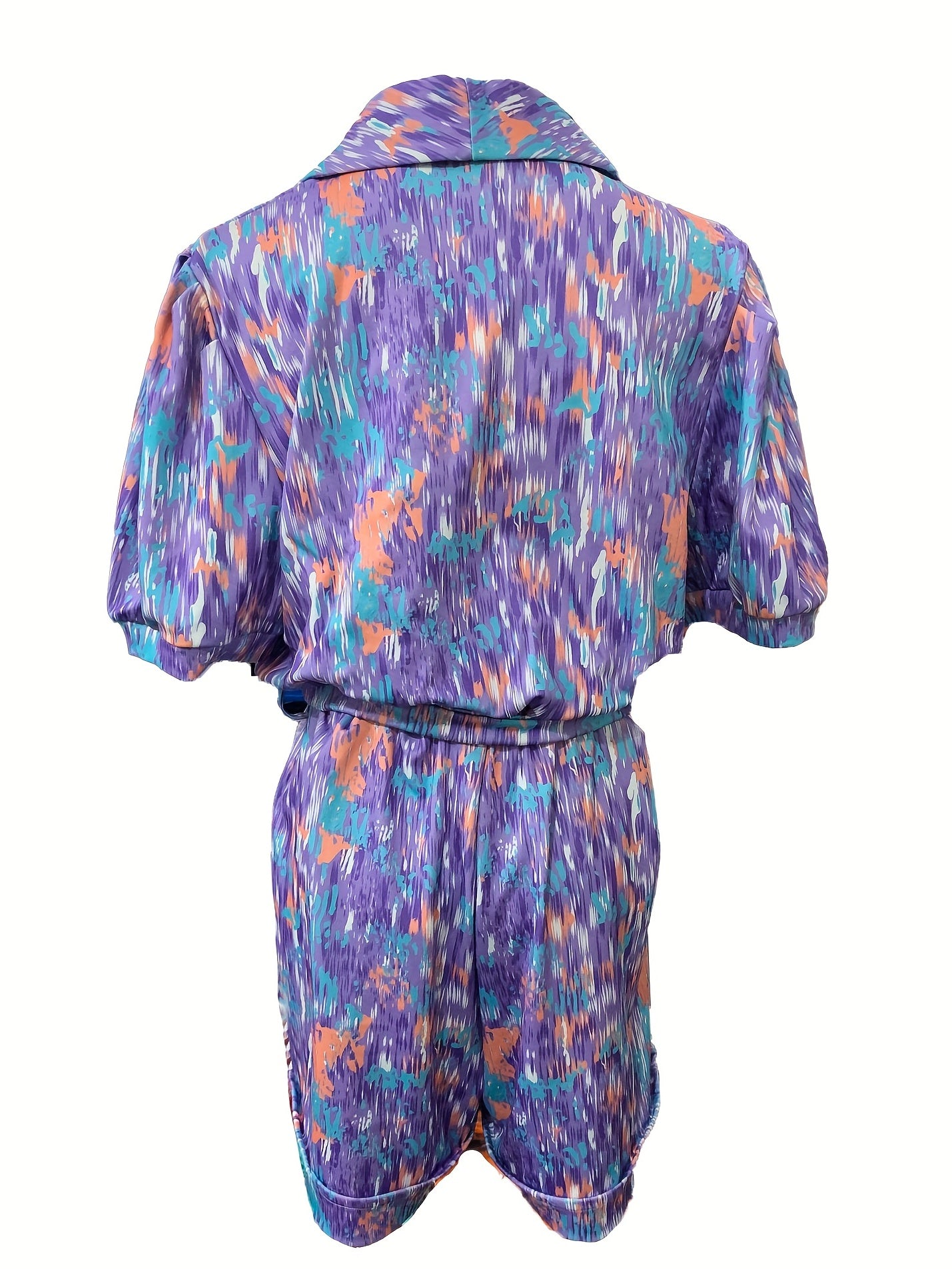 Print V Neck Belted Romper Jumpsuit Puff Sleeve Summer Women's Clothing