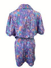 Print V Neck Belted Romper Jumpsuit Puff Sleeve Summer Women's Clothing