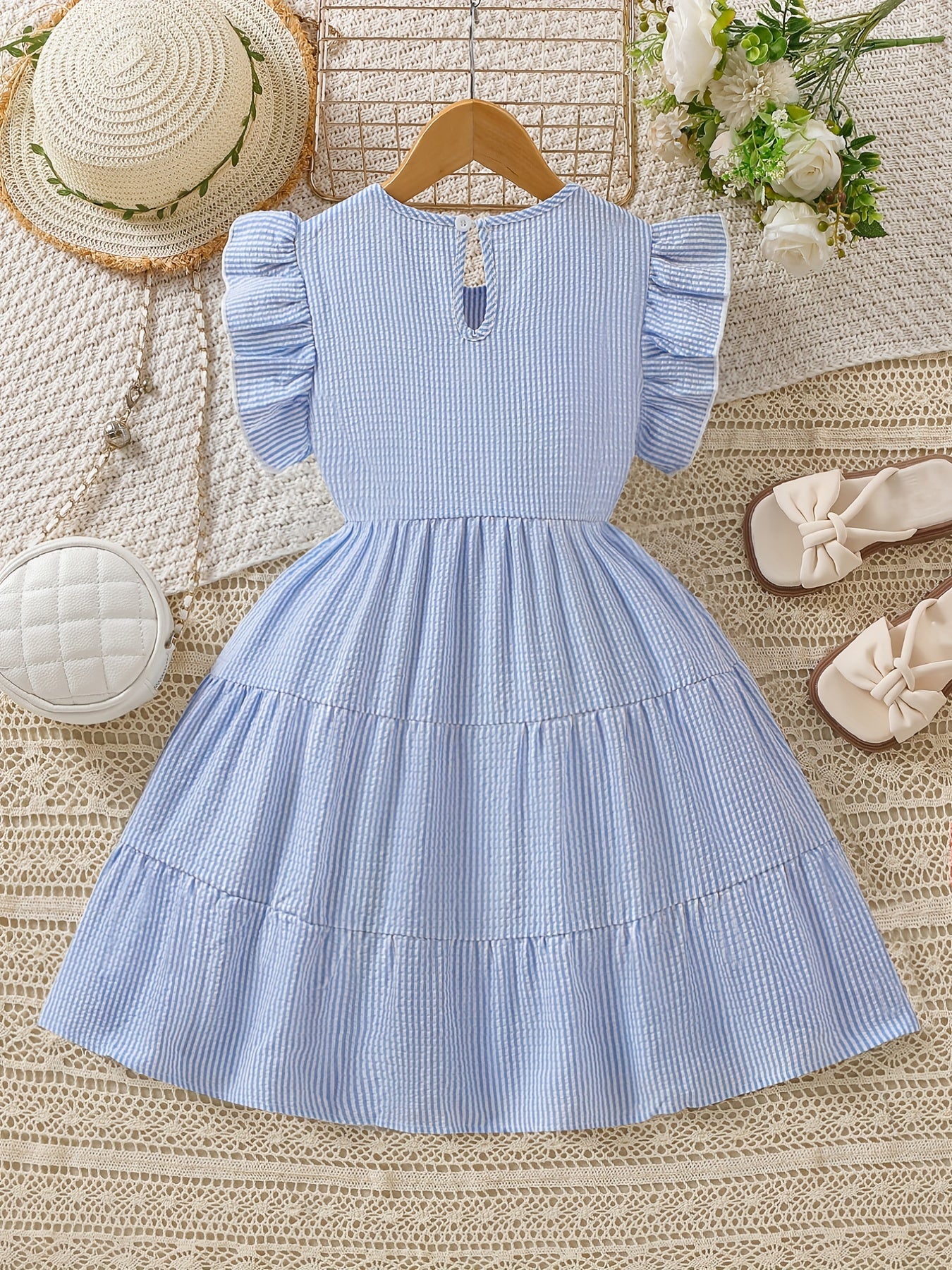 Girls' Butterfly Sleeve Stripe Dress Casual Fit Youth Girl Dresses
