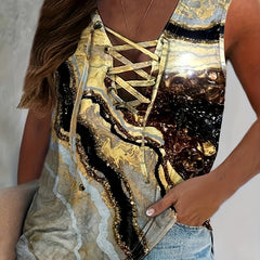  Marble Print Lace Up Tank Top