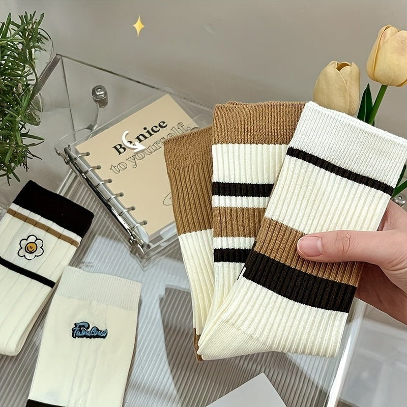 5 Pairs Striped Colorblock Socks Embroidery Crew Socks Women's Stockings