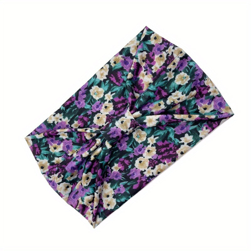 Pastoral Floral Print Headband Criss Cross Head Hoop Stretchy Hair Band