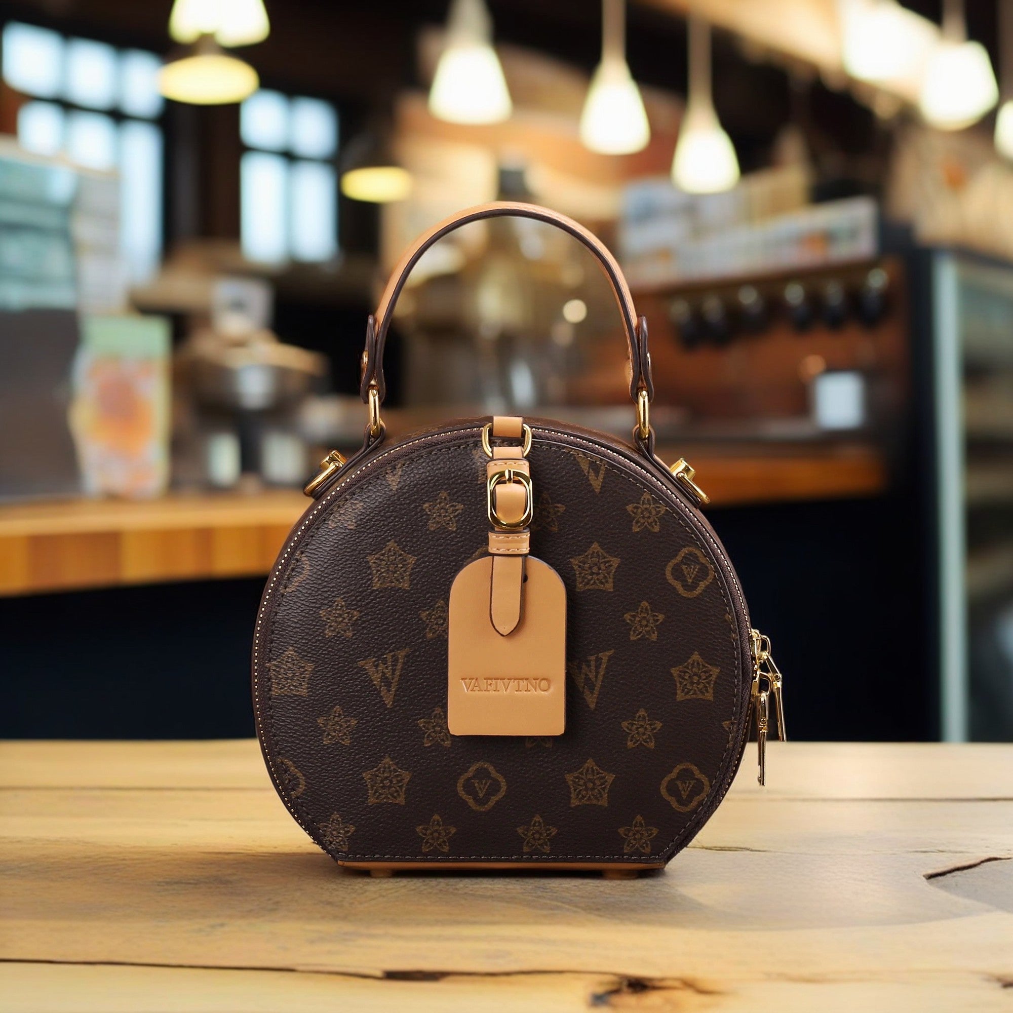 Vintage Floral Print Round Handbag for Women Zipper Closure Golden Tone Hardware