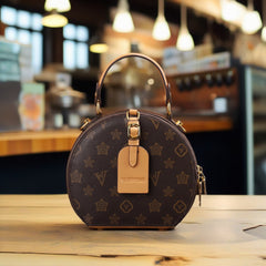 Vintage Floral Print Round Handbag for Women Zipper Closure Golden Tone Hardware