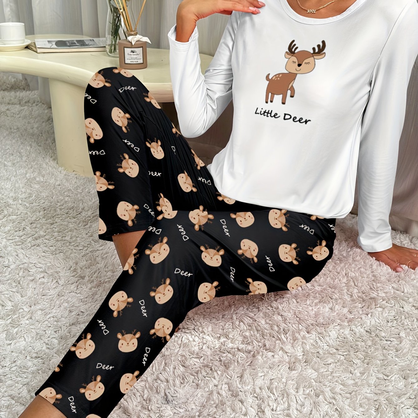 Deer Print Pajama Set Long Sleeve Top & Pants