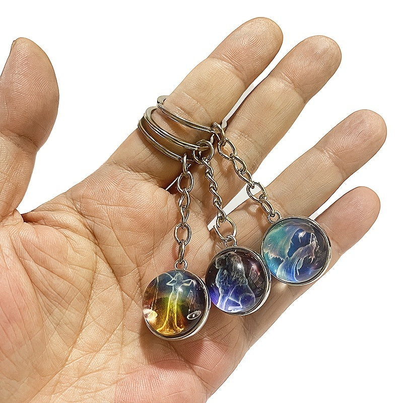 12 Constellation Luminous Keychain Time Stone Glass Ball Pendant Gift