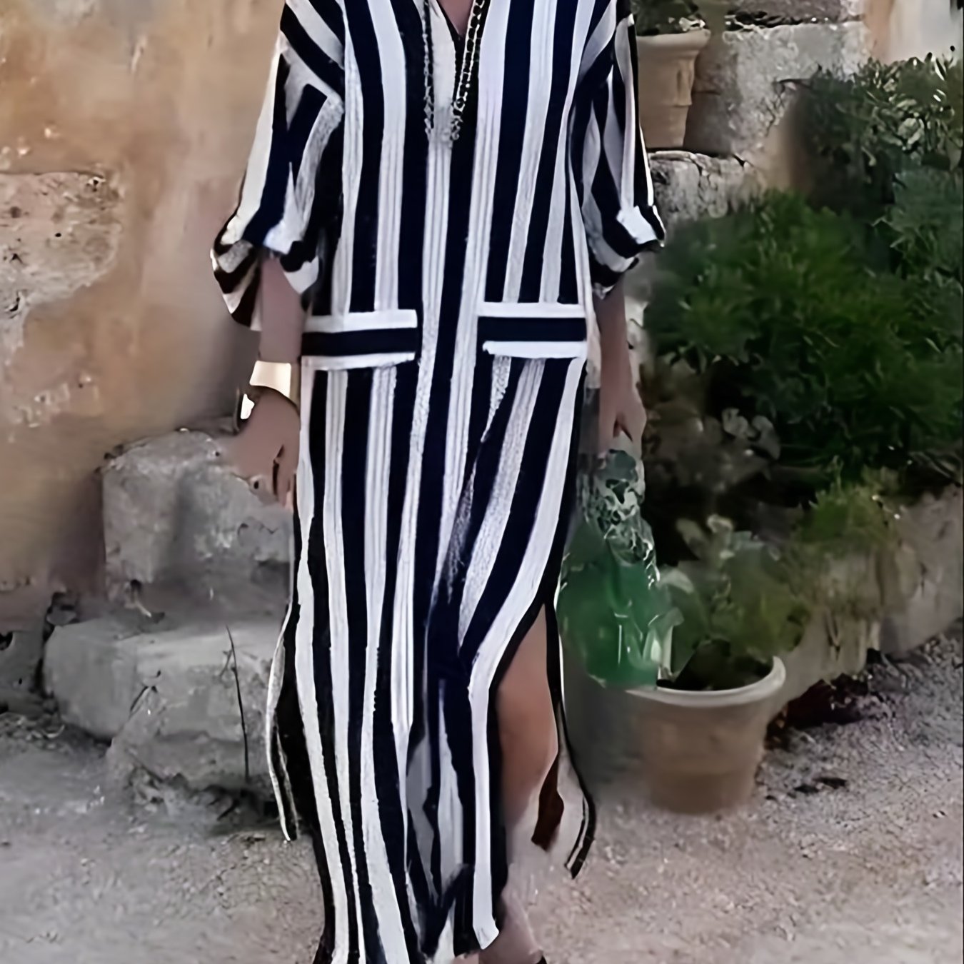  Striped Long Sleeve Maxi Dress