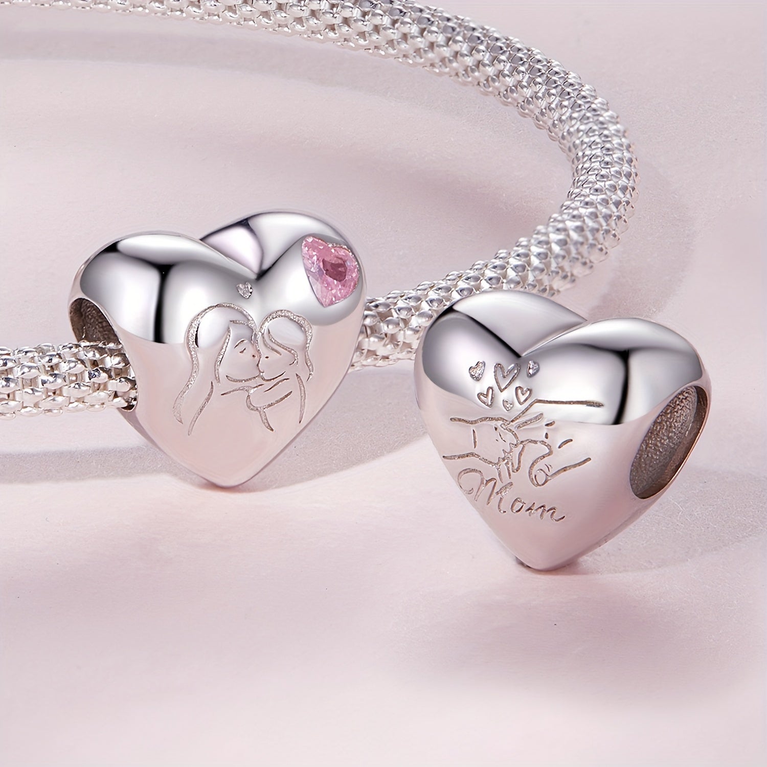925 Silver Mother Daughter Kissing Pink Heart Bracelet Charm