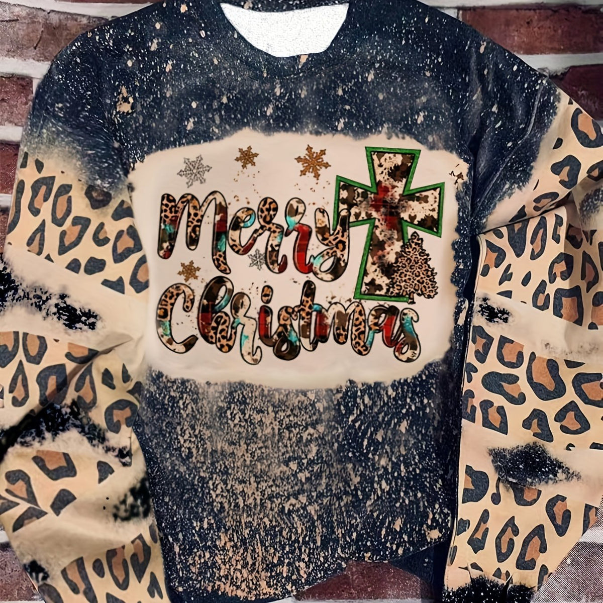 Christmas Leopard Letter Print Sweatshirt for Women